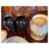 CROCK CANISTER AND 2 VASES