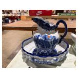 BLUE AND WHITE PITCHER AND BASIN