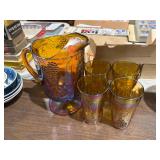 AMBER PITCHER AND GLASSES