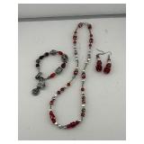 Vintage artisan red glass & silver-tone jewelry set — necklace, bracelet & earrings