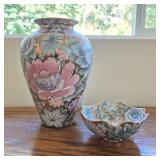 Vintage Toyo Golden Peony Porcelain Vase & Dish