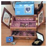 Vintage Wooden Box with Assorted Fashion Jewelry