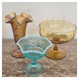 Fenton Iridescent Ruffle Vase with Teal Dish & Amber Pedestal Bowl