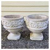 Pair of Cast Cement Garden Urn-Style Pots with Floral Swag