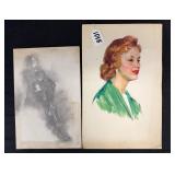 #1018 Lot of 2 Earl Morans Art Works Inc. Red Head with Green Shirt, Nude Pencil Rendering