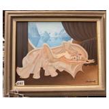#1037 Original Leo Nowak Framed and Matted Oil Painting of a Girl Nude on Couch by Open Window (28x3