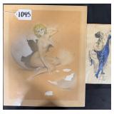 #1045 Lot of 2 Inc. Pastel & Chalk Woman Cracking out of Egg by Leo Fontan (14x 17-1/2) Concept Art 
