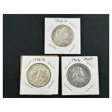 #2708 Lot of 3 halves incl. 1915-D Barber half Dollar? , 1946-S Liberty Half, and 1963 Benjamin Half