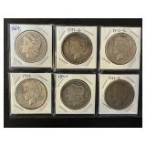 #2683 6 Silver Dollars- Morgan, Peace, Various Years & Conditions