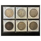 #2685 6 Silver Dollars- Morgan, Peace, Various Years & Conditions 