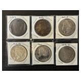 #2696 6 Silver Dollars- Morgan, Peace, Various Years & Conditions