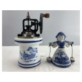 Porcelain Hand Crank Spice Mill & Vintage Delft Dutch Milk Maid Bell Figurine