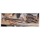 Meat Hooks, saw, and Metal Pulleys