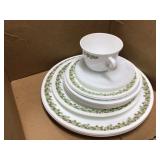 GREEN CASSEROLE AND PLATES - GLASS