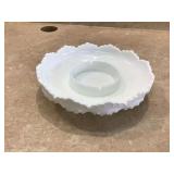 White glass dish with textured hobnail pattern often vintage or collectible