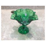 Fenton emerald green glass candy dish ruffled edge pedestal base