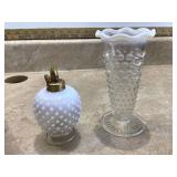 Iridescent hobnail glass vase and perfume bottle