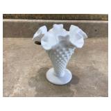 White glass vase with hobnail texture and ruffled edge