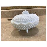 Vintage white glass dish with textured hobnail design and cover used for