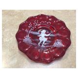 Elegant hand-painted ruby glass plate by Fenton