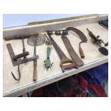 Antique tools hand drill corn knife saws bells