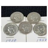5 1958 Washington Silver Quarter Dollars, Philadelphia & Denver Mint