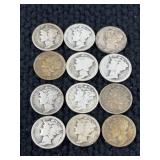 12 1917-1929 Mercury Silver Dimes, Philadelphia & Denver Mint