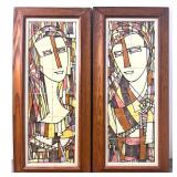 Lot 701  Pair of Harris G. Strong Mid-Century Modern Cubist Female Portrait Ceramic Tile Plaques in Oak Frame