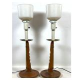 Lot 728  Pair of Mid Century Modern Carved Wood and Brass Ratchet Table Lamps with Ribbed Glass Shades