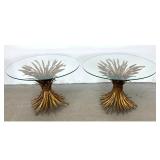 Lot 738  Pr Hollywood Regency Gilt Metal Sheaf of Wheat Side Tables. Circular Glass Tops. Likely Italian.