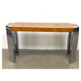 Lot 758  Milo Baughman Burl wood and Chrome Console Table. Stepped angled legs. 