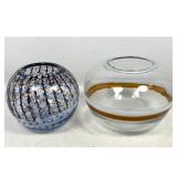 Lot 789  2pc Lot Hand Blown Studio Art Glass Vases. 1 globular patterned vase and 1 large banded spherical va