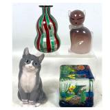 Lot 790  4pc Lot of Art Glass and Porcelain Objects Including Royal Copenhagen Cat and Murano Paperweight