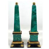 Lot 792  Pair Italian Ceramic Faux Malachite Obelisks with Gilded Lion Paw Feet