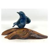 Lot 793  Vintage Mid Century Cathy Weber Glazed Ceramic Bird. Mounted on a rustic driftwood base, Signed