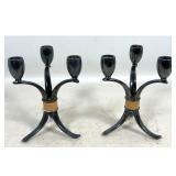 Lot 801  Pr Mid Century Modern Silver Plate Candelabra. Flair Pattern 3 Light Form with Corseted Wrapped Deta
