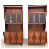 Lot 815  Pair Ramseur Mid Century Modern 2pc Walnut Hutches Cabinets display.
