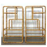 Lot 817  Pr Rattan Wrapped Display Shelves Etagere. Modernist Design. Multi Level Glass Shelves. 