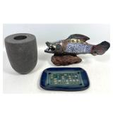 Lot 822  3pc Contemporary Studio Ceramic lot including Platypus volcanic glaze vessel, Haring geometric tray 