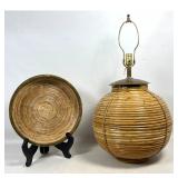Lot 837  2pcs Brass and Pencil Rattan in Gabriella Crespi Style. Table Lamp and Bowl. 