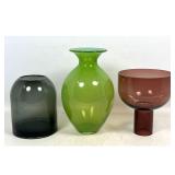 Lot 856  3pc Modernist hand Blown Art Glass including Cloudnola Smokey Gray Vessel and Cased Lime Green Vase