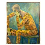 Lot 861  T. Weiman Expressionist Oil Painting on Canvas. Seated Pensive Harlequin Figure. Signed and Dated Ma