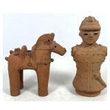 Lot 883  2pc Japanese Haniwa Terracotta Figures including Bridled Horse and Armored Warrior Bust