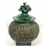 Lot 895  Attributed to Hilario Alejos Madrigal Green Glazed Mexican Terracotta Pineapple Lidded Vessel on Tri