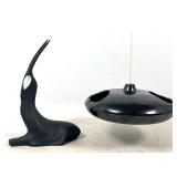 Lot 899  2pcs Royal Dux Bohemia Stylized Matte Black Porcelain Gazelle and Glossy Black Hanging Pottery Ashtr
