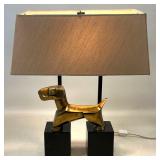 Lot 919  Modern Stylized Brass Finished Dog Table Lamp with Rectangular Shade and Twin Black Bases