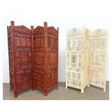 Lot 932  Two Intricately Hand Carved Wood Folding Room Divider Screens. 1 with 4 panels the other 3. 