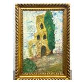 Lot 968  Artist Signed Painting on Canvas Board. Expressionist Impasto Landscape with Tower and Cypress Tree.