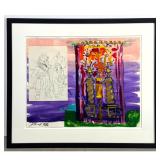 Lot 994  Artist Signed 86 Original Mixed Media Judaica Painting with Torah Ark Curtain and Figurative Sketch.
