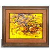 Lot 995  Filipino Artist Signed Stylized Bird Painting. Gathering of birds with large eyes and flared tail fe